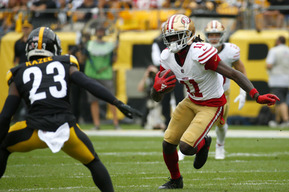 Brandon Aiyuk had a monster fantasy game to open the season, catching eight balls for 129 yards and two TDs against the Steelers. (Photo by Justin K. Aller/Getty Images)