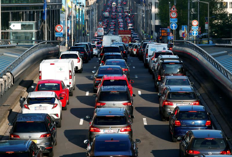 FILE PHOTO: Cars are seen stuck in a traffic jam in central Brussels