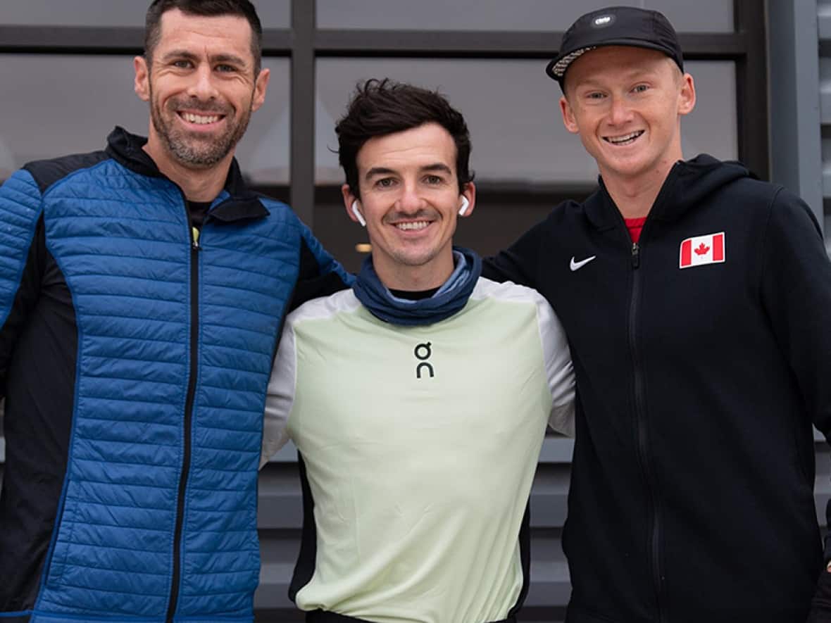Calgary-born Rory Linkletter, right, completed the Houston half-marathon in 61 minutes eight seconds on Sunday to shatter Jeff Schiebler's Canadian record that stood since Jan. 15, 1999. Ben Flanagan, middle, of Kitchener, Ont., ran 1:01:30 while Texas-based Canadian Calum Neff, left, was 28th (2:19:33) in Sunday's marathon. (Submitted by Ben Flanagan - image credit)