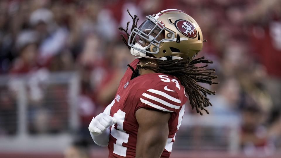 San Francisco 49ers linebacker Fred Warner celebrates after sacking Los Angeles Chargers quarterback Easton Stick during the first half of an NFL preseason football game Friday, Aug. 25, 2023, in Santa Clara, Calif. | Godofredo A. Vásquez, Associated Press