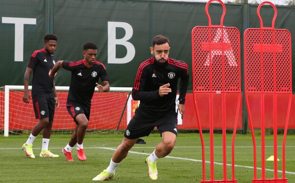 Bruno Fernandes of Manchester United in action during a first team training session at Carrington Training Ground - Getty Images