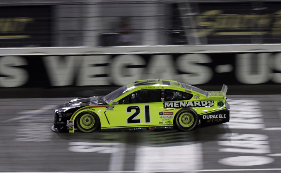 Matt DiBenedetto drives during a NASCAR Cup Series auto race Sunday, Sept. 27, 2020, in Las Vegas. (AP Photo/Isaac Brekken)