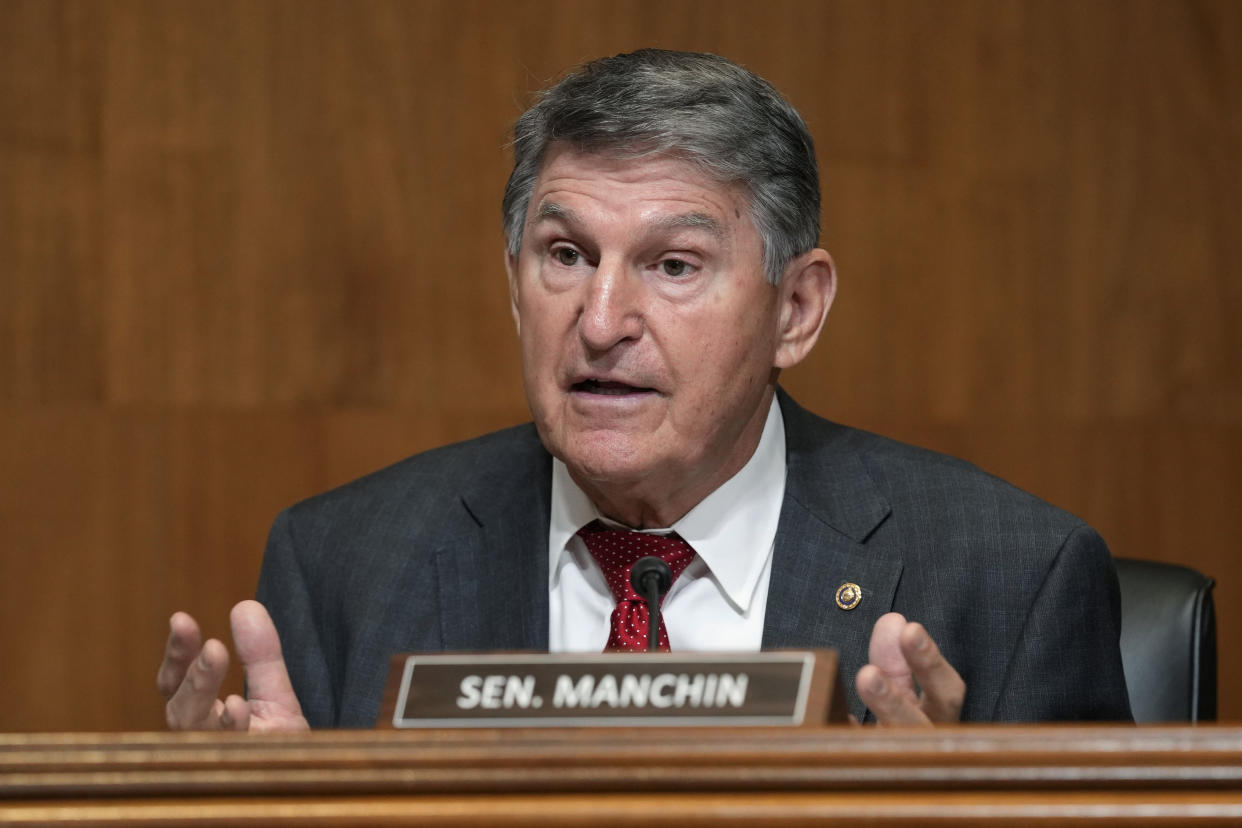 Sen. Joe Manchin, D-W.Va., questions Education Secretary Miguel Cardona during a Senate Appropriations Subcommittee on Labor, Health and Human Services, and Education, and Related Agencies hearing on Capitol Hill in Washington, Tuesday, April 30, 2024, to examine the 2025 budget for the Department of Education. (AP Photo/Susan Walsh)