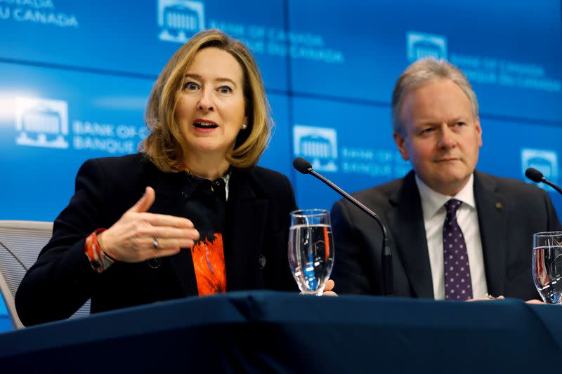 FILE PHOTO: Senior Deputy Governor Carolyn Wilkins gestures as she speaks next to Bank of Canada Governor Stephen Poloz, after announcing the latest rate decision in Ottawa