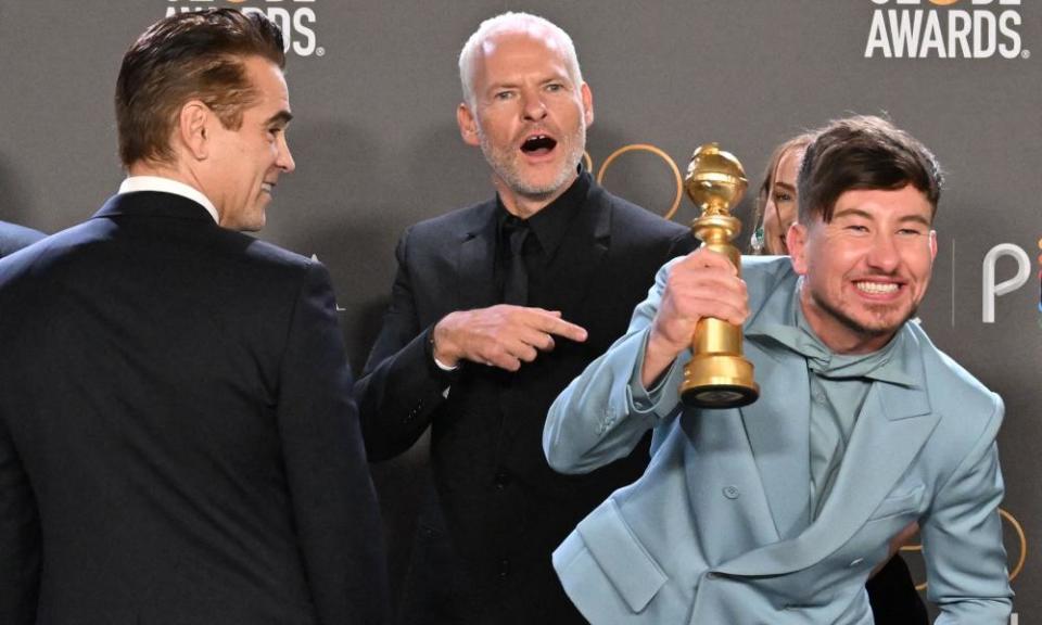 Barry Keoghan with the award for best comedy or musical film at the Golden Globes in January, with, from left, Colin Farrell and director Martin McDonagh.