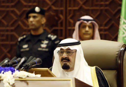 Saudi King Abdullah bin Abdulaziz al-Saud addresses the annual Shura Council in Riyadh, 2011. Saudi Crown Prince Nayef bin Abdul Aziz, a half brother of King Abdullah, died, the royal court said, leaving the oil powerhouse with no apparent successor to the throne