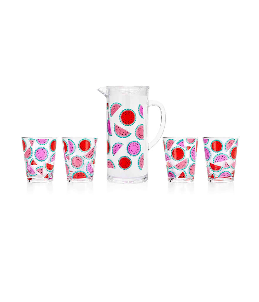 <p>Watermelon Tumblr Set with Pitcher, $48, <a rel="nofollow noopener" href="https://www.draperjames.com/watermelon-tumbler-set-with-pitcher" target="_blank" data-ylk="slk:draperjames.com;elm:context_link;itc:0;sec:content-canvas" class="link ">draperjames.com</a> </p>