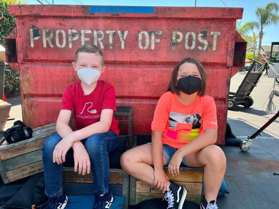 Bailey Sheetz and Eleanor Sweeney on the set of Jerry Seinfeld's movie "Unfrosted" in Los Angeles, California. The actors portray dumpster-divers Butchie and Cathy brilliantly in the Netflix film.