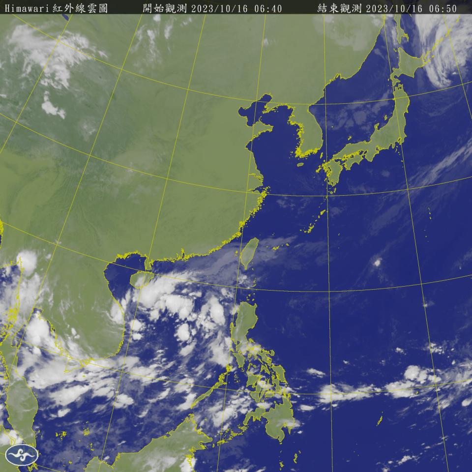 東北季風影響，東半部地區及恆春半島有局部短暫雨，南方水氣北移，南部地區也有零星短暫雨，其他地區多雲到晴，午後山區有零星短暫陣雨。（圖：氣象署網站）