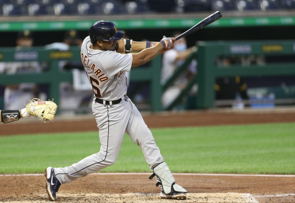 Detroit Tigers third baseman Jeimer Candelario (46) singles against the Pittsburgh Pirates during the fifth inning at PNC Park on Friday, Aug. 7, 2020.