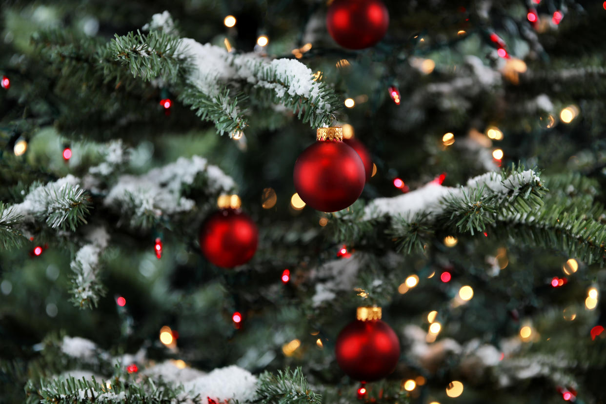Close-up of a Christmas tree with red ornaments and lights