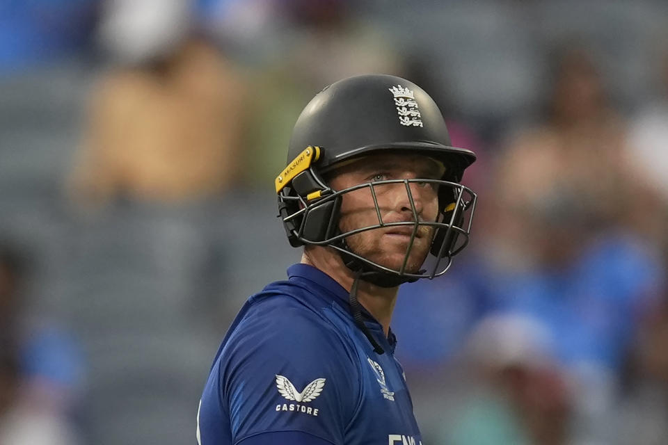 England's captain Jos Buttler leaves the ground after losing his wicket during the ICC Men's Cricket World Cup match between England and Netherlands in Pune, India, Wednesday, Nov. 8, 2023. (AP Photo/Rafiq Maqbool)
