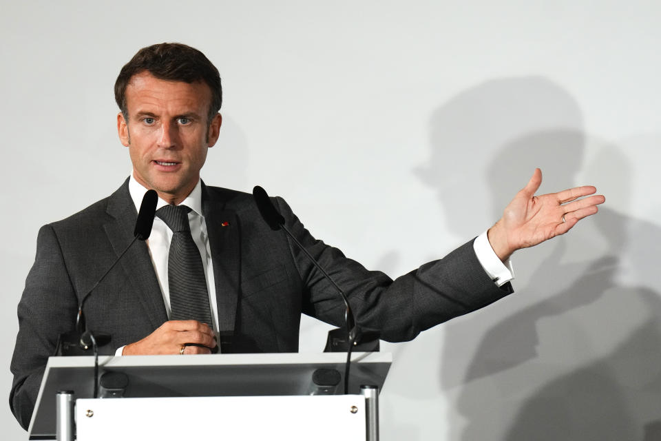 French President Emmanuel Macron speaks during a media conference after a meeting of the European Political Community at Prague Castle in Prague, Czech Republic, Thursday, Oct 6, 2022. The leaders of 44 European countries stretching from Iceland all the way to Turkey met Thursday in what many said was a united stand against Russia's war on Ukraine, as an energy crisis and high inflation fueled by the conflict wreak havoc on their economies. (AP Photo/Petr David Josek)