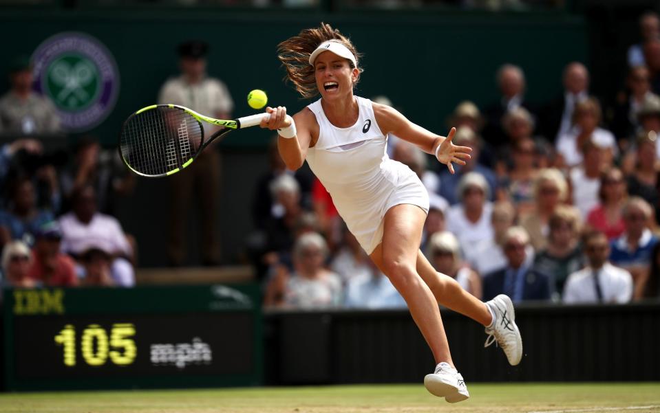 Johanna Konta of Great Britain plays a forehand during the Ladies Singles semi final match against Venus Williams of The United States on day ten of the Wimbledon Lawn Tennis Championships at the All England Lawn Tennis and Croquet Club at Wimbledon on July 13, 2017 in London, England - Getty Images 