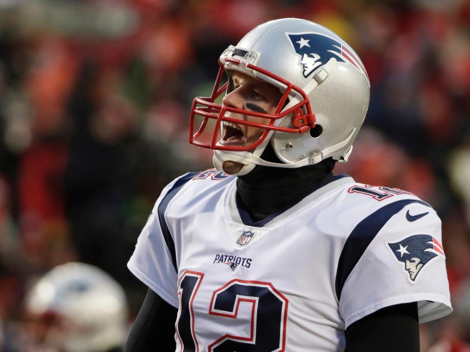 Tom Brady shouts during the AFC Championship against the Chiefs in 2019.