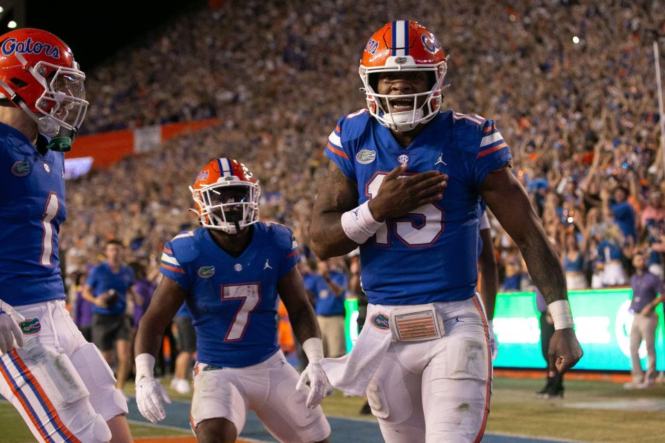 Florida Gators quarterback Anthony Richardson (15) celebrates after diving into the end zone for a touchdown in the second half against LSU at Steve Spurrier Field at Ben Hill Griffin Stadium in Gainesville, FL on Saturday, October 15, 2022.