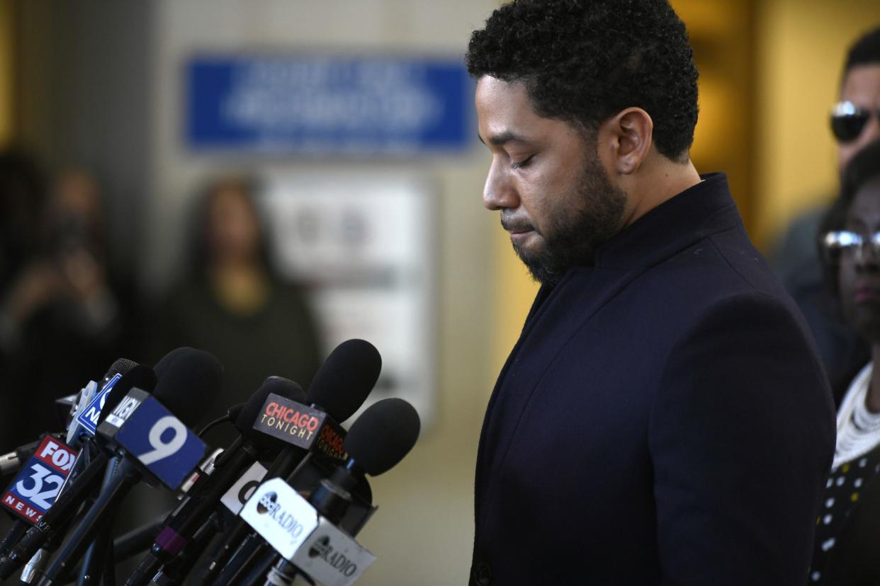 Actor Jussie Smollett talks to the media before leaving Cook County Court after his charges were dropped Tuesday, Mar. 26, 2019, in Chicago.