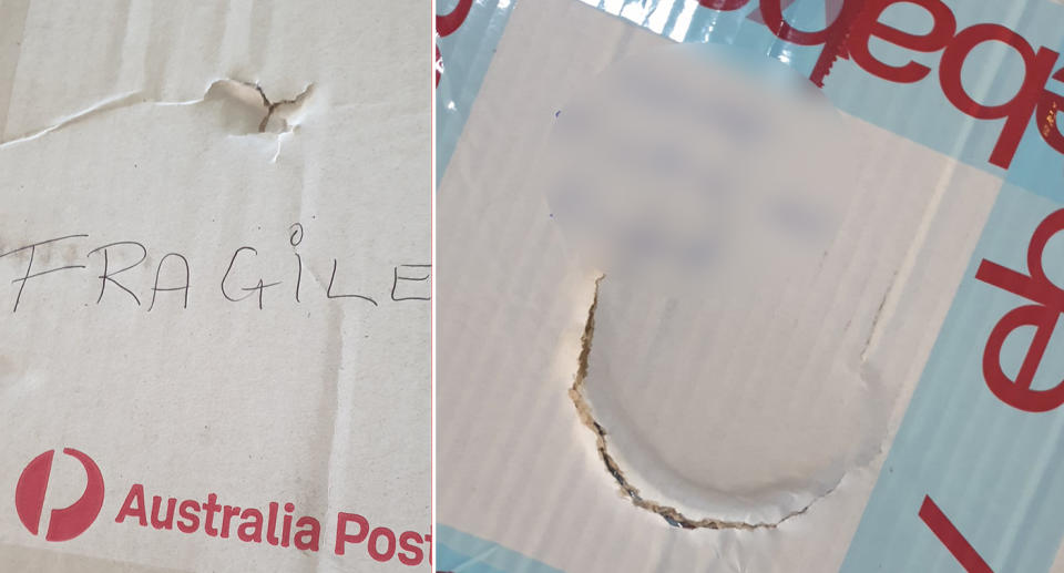 Damage to two Australia Post parcels.