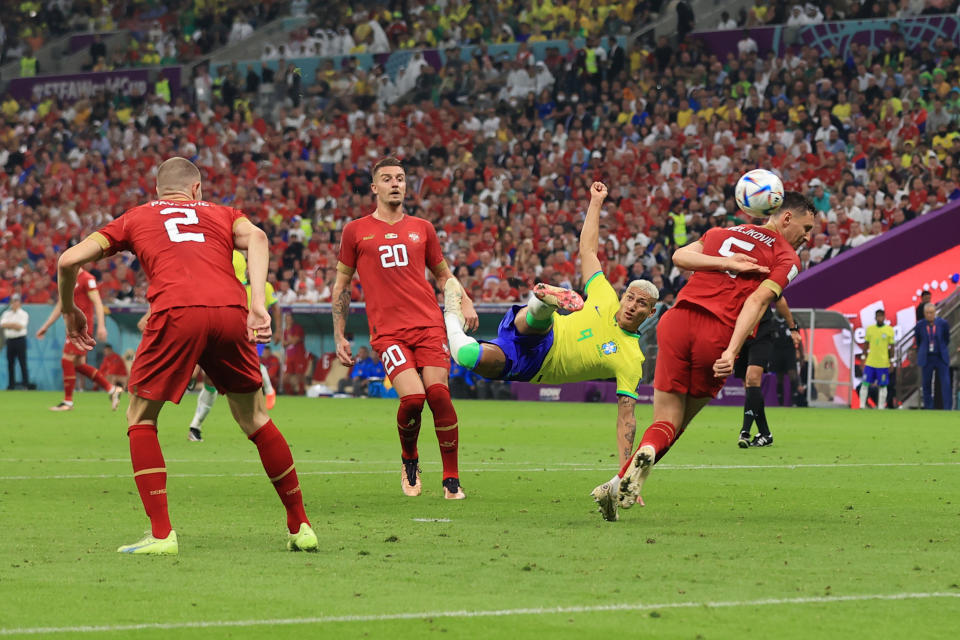 LUSAIL CITY, QATAR - NOVEMBER 24: Richarlison of Brazil scores their 2nd goal with an acrobatic scissor kick during the FIFA World Cup Qatar 2022 Group G match between Brazil and Serbia at Lusail Stadium on November 24, 2022 in Lusail City, Qatar. (Photo by Simon Stacpoole/Offside/Offside via Getty Images)