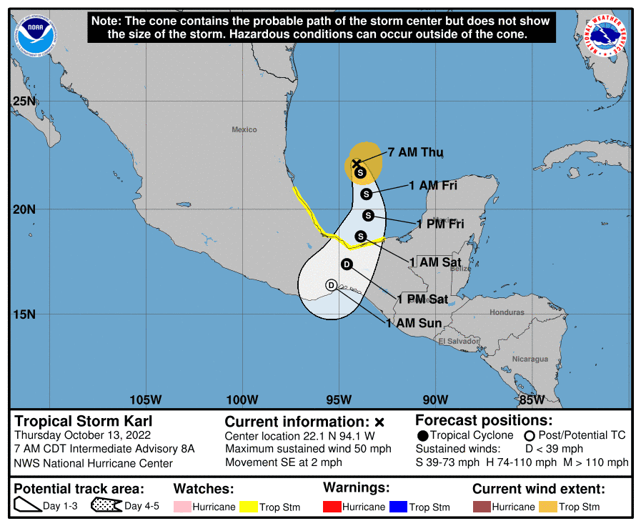 Tropical Storm Karl 8 a.m. Oct. 13, 2022.