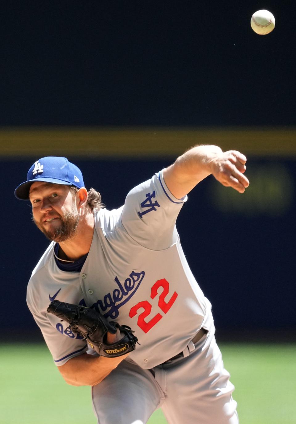 Los Angeles Dodgers starting pitcher Clayton Kershaw (22) throws during the first inning of their game against the Milwaukee Brewers Wednesday, May 10, 2023 at American Family Field in Milwaukee, Wis.