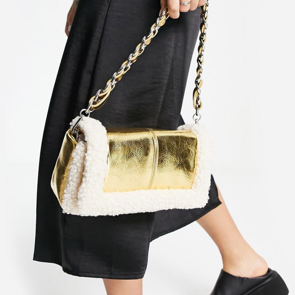 TOPSHOP Sheila Faux Shearling & Faux Leather Shoulder Bag