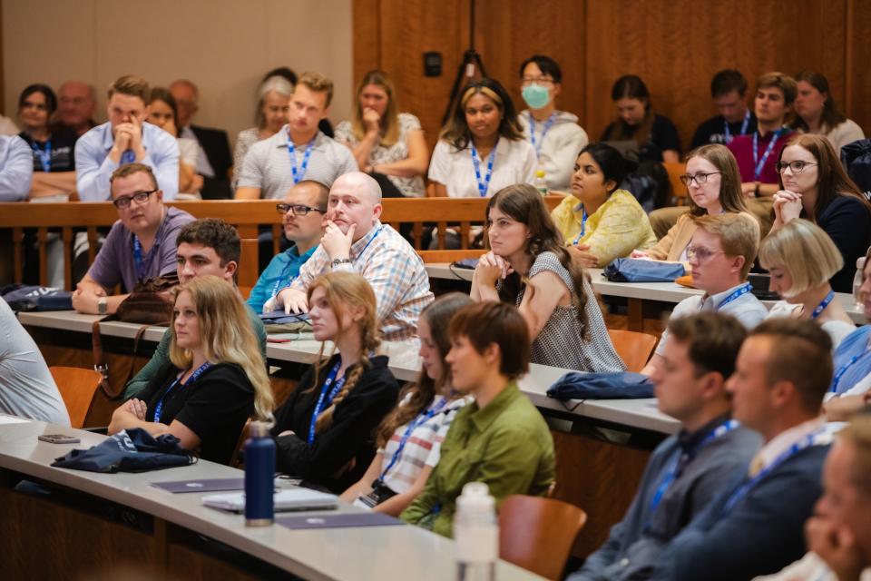 First-year law students listen as the new dean of BYU Law, David H. Moore, welcomes them to campus on Aug. 23, 2023.