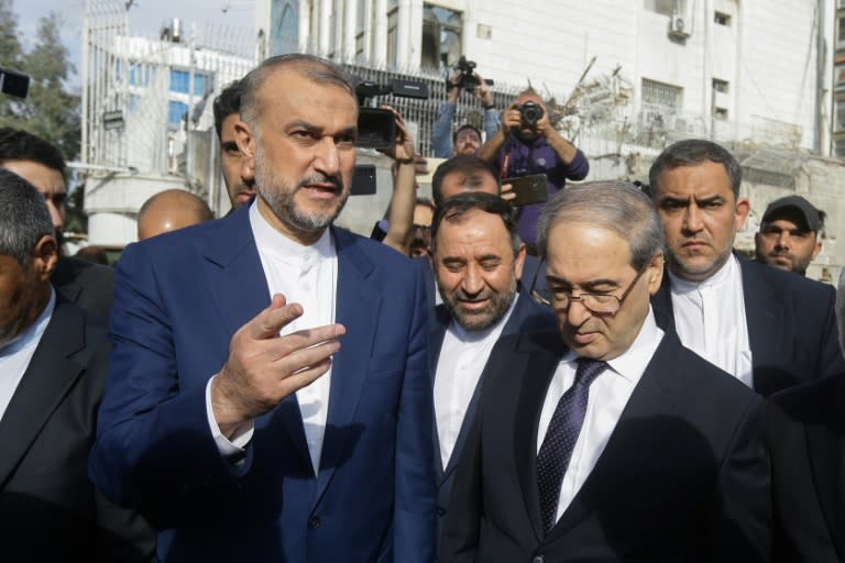 Iran's Foreign Minister Hossein Amir-Abdollahian (L) with his Syrian counterpart Faisal Mekdad (R) on the site of the new consular section (Louai Beshara)