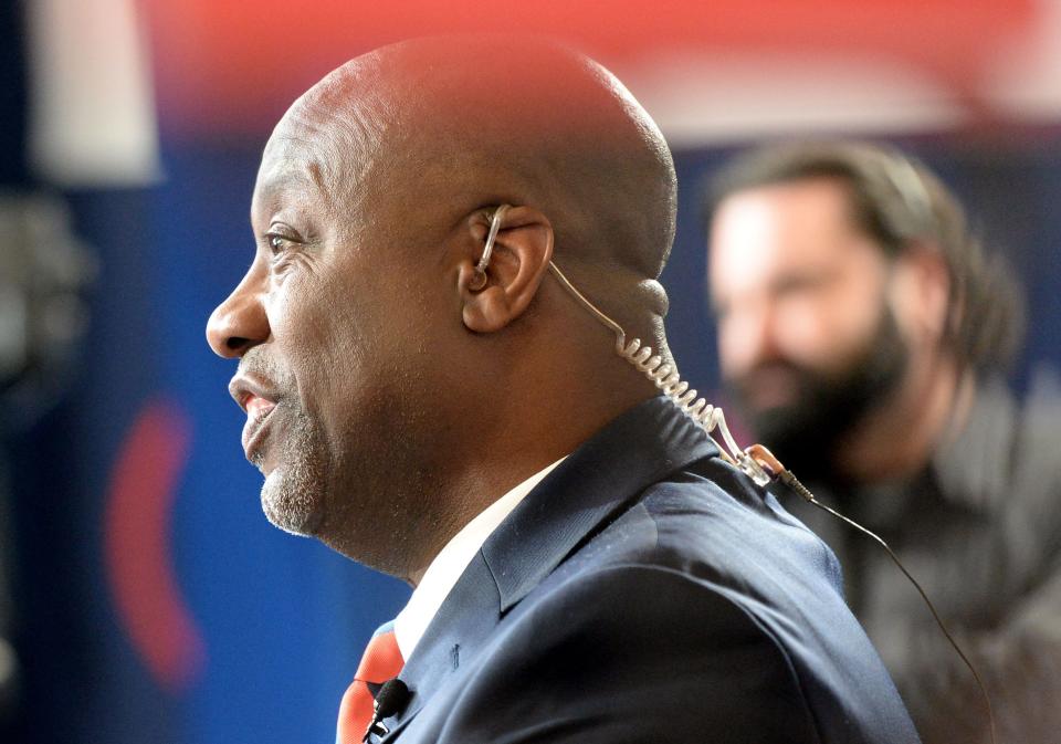 South Carolina Sen. Tim Scott enters the spin room after the Republican presidential debate at the Ronald Reagan Presidential Library & Museum in Simi Valley on Wednesday, Sept. 27, 2023.