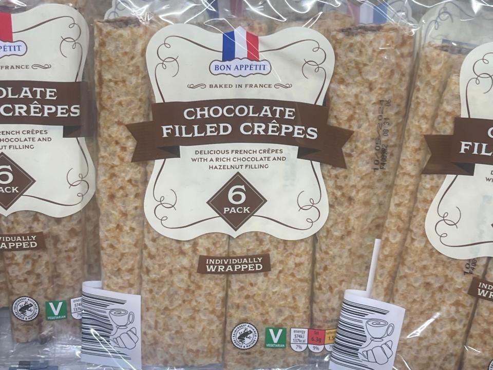 chocolate-filled crepes on the shelves at aldi