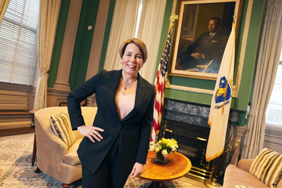 Mass. Gov. Maura Healey in her corner office at the Statehouse in Boston.