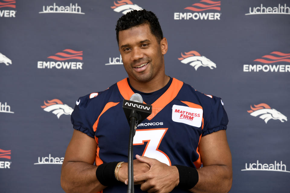 ENGLEWOOD, CO - MAY 23: Denver Broncos quarterback Russell Wilson meets with members of the media after an early season practice session at Dove Valley at the at UCHealth Training Center on May 23, 2022 in Englewood, Colorado. (Photo by Helen H. Richardson/MediaNews Group/The Denver Post via Getty Images)