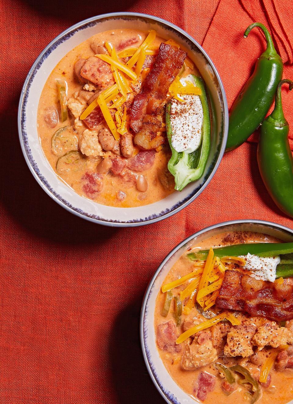 Make a meal version out of your favorite spicy appetizer with this jalapeno popper chili recipe featuring ground turkey, bacon, and beans. Give it a few hours in the slow cooker. Or try the pressure cooker to get the job done in about 30 minutes.