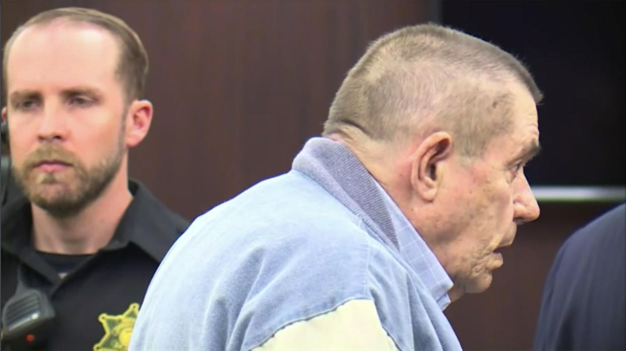 Andrew Lester, right, appears in court to answer charges of first-degree assault and armed criminal action on Wednesday, April 19, 2023 in Liberty, Mo. (KMBC via AP, Pool)