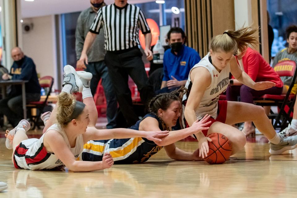 New Hope-Solebury junior Emily Wilson (center), seen here in a District One playoff game.