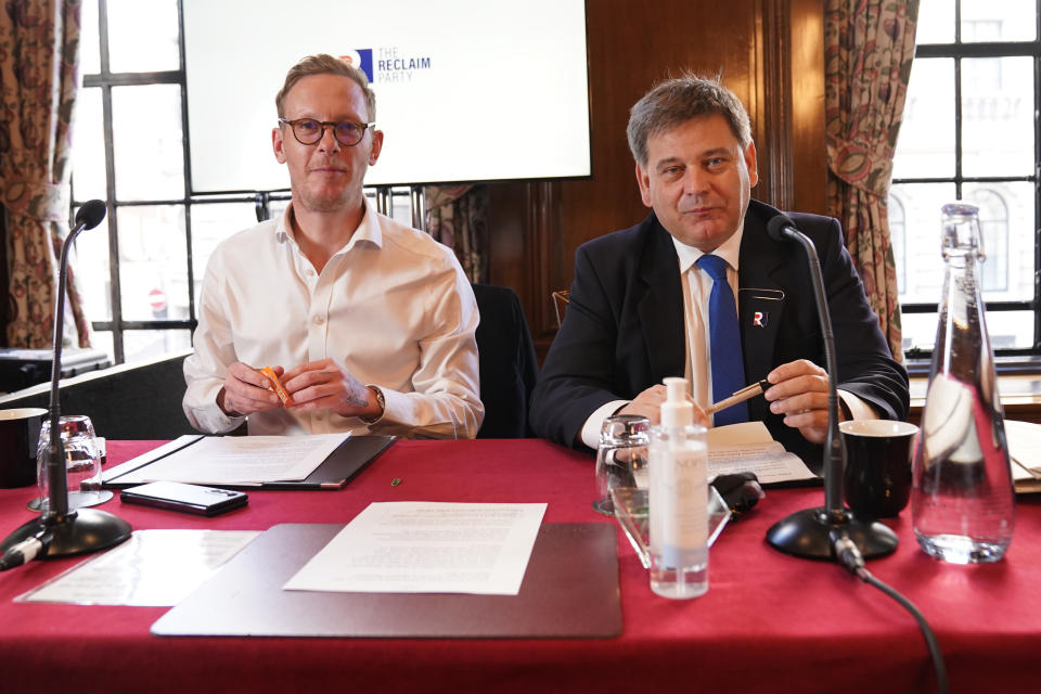 Laurence Fox (left) and Andrew Bridgen ahead of a Reclaim Party press conference at One Great George Street in Westminster, London. The MP for North West Leicestershire will be first representative of Laurence Fox's party in the House of Commons. Mr Bridgen was expelled from the Conservative Party for comparing vaccines to the Holocaust. Picture date: Wednesday May 10, 2023. (Photo by Stefan Rousseau/PA Images via Getty Images)