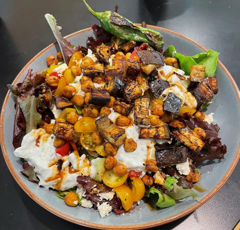 Mediterranean diets are rich in nutrients important for brain health, like this Mediterranean Bowl Full of Leafy Greens and Roasted Chickpeas.