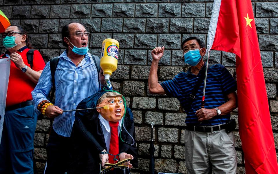 A pro-China activist holds an effigy of US President Donald Trump during a protest outside the US consulate in Hong Kong - ISAAC LAWRENCE/AFP