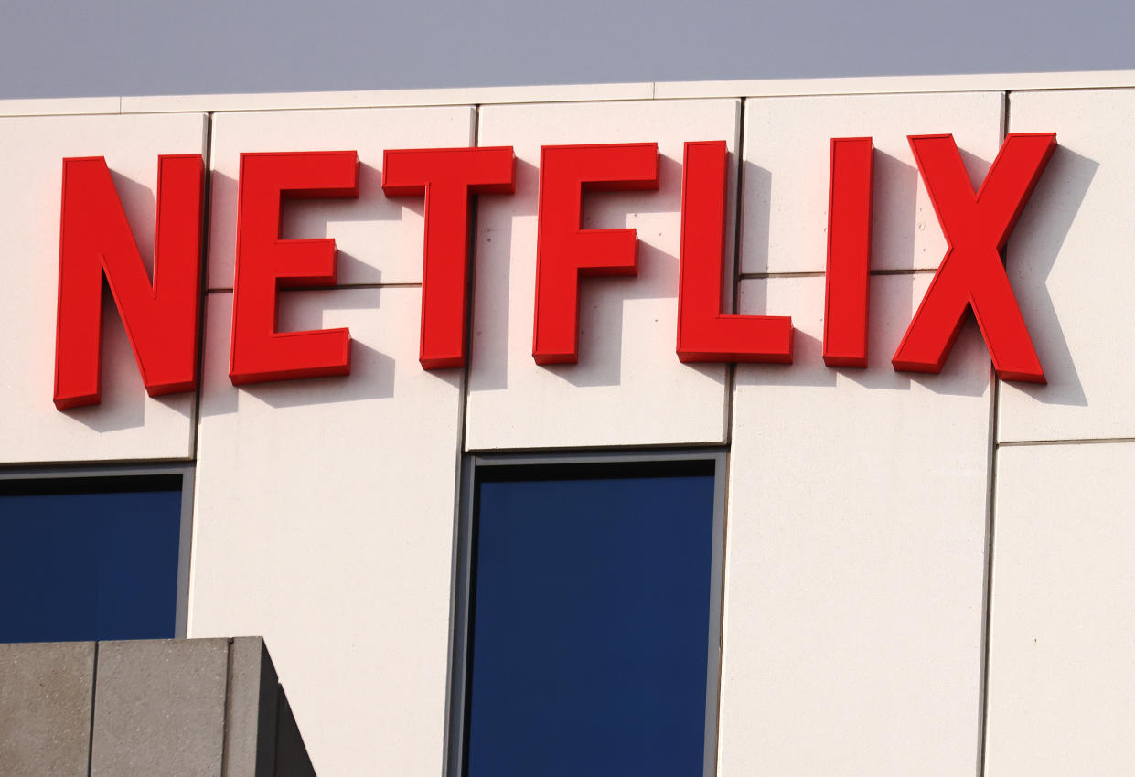 LOS ANGELES, CALIFORNIA - OCTOBER 07: The Netflix logo is displayed at Netflix's Los Angeles headquarters on October 07, 2021 in Los Angeles, California. The IATSE union which represents Hollywood’s film and television production crews voted to authorize a strike, calling for better working conditions and higher pay amid a surge in streaming demand. Negotiations are ongoing but a strike may be imminent. (Photo by Mario Tama/Getty Images)