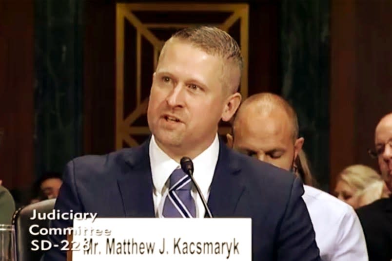 Judge Matthew Kacsmaryk. TPM Illustration/Senate Judiciary Committee