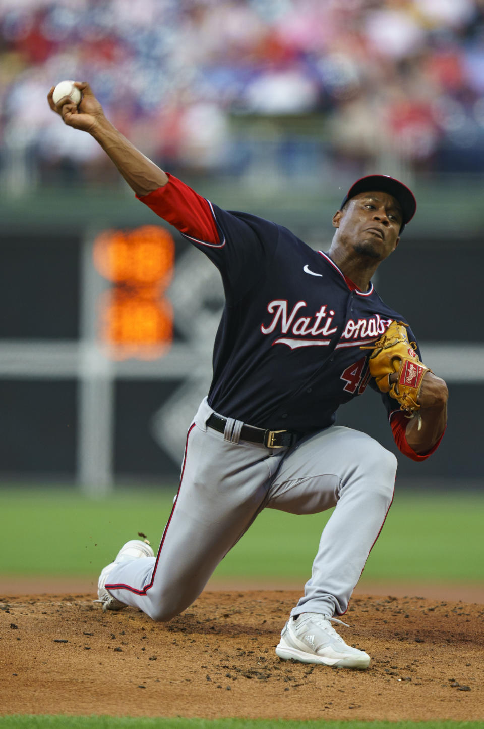 Washington Nationals stating pitcher Josiah Gray throws during the first inning of a baseball game against the Philadelphia Phillies, Friday, Aug. 5, 2022, in Philadelphia. (AP Photo/Chris Szagola)