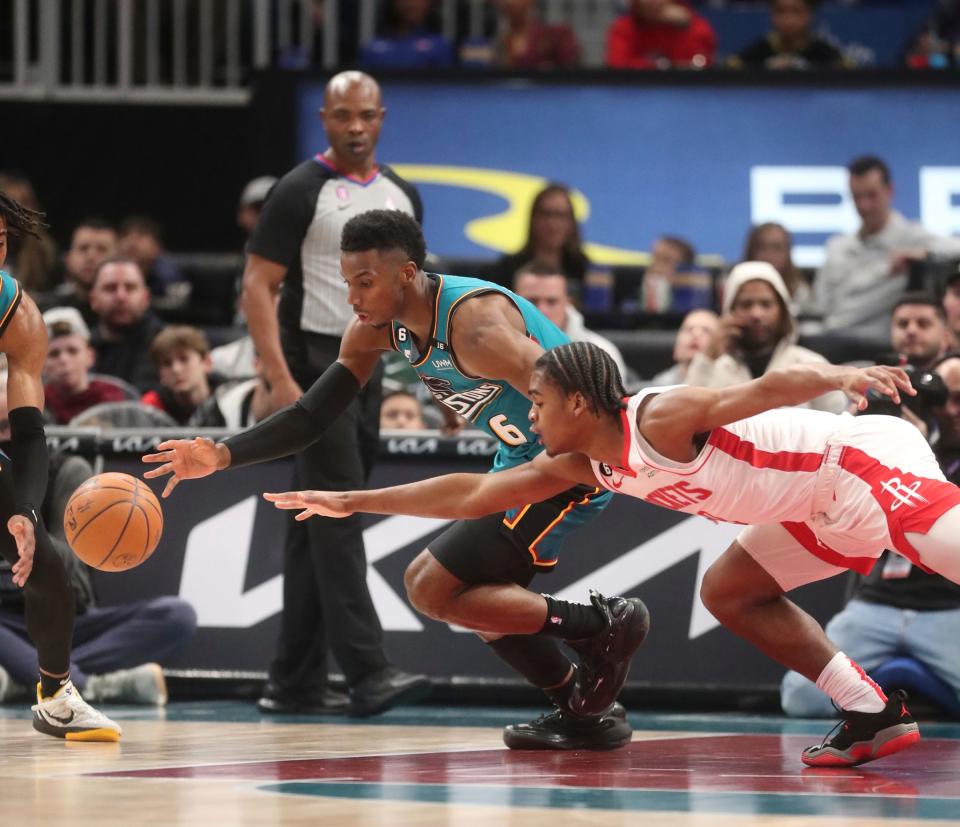 Detroit Pistons guard Hamidou Diallo steals the ball from Houston Rockets guard Josh Christopher during the first quarter Saturday, Jan. 28, 2023 at Little Caesars Arena.