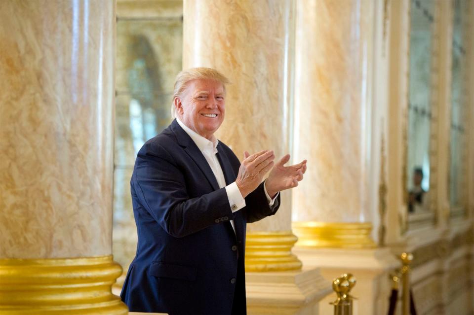 Former president Donald Trump drops into the Daughters of the American Revolution Henry Morrison Flagler chapter luncheon at Mar-a-Lago Club on April 6, 2022.