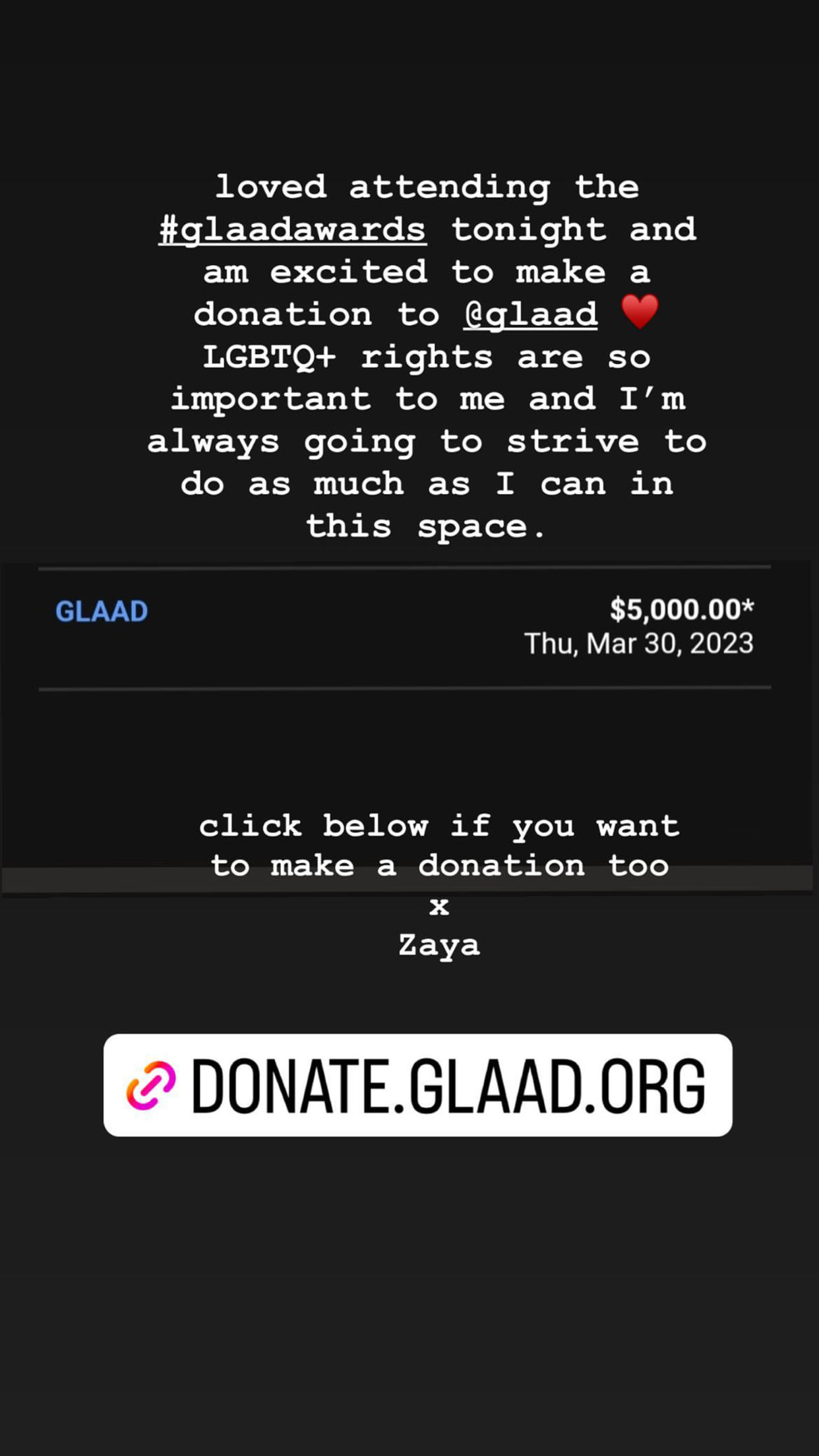 Zaya posts a sweet message after the GLAAD Awards. (@zayawade via Instagram)