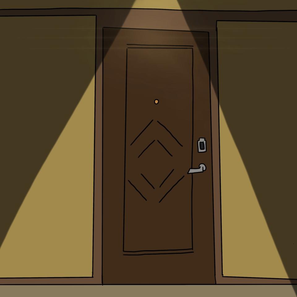 Drawing of the outside of a hotel room door