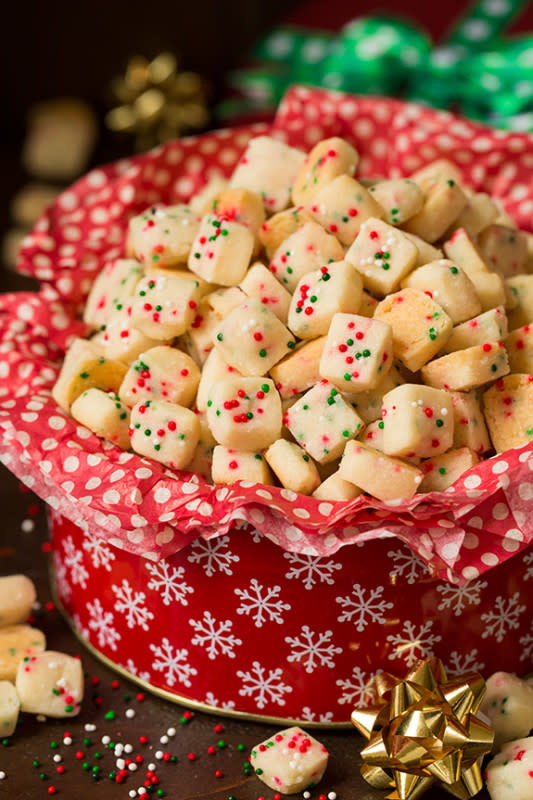 <p>Cooking Classy</p><p>Not only are these some of the cutest cookie ever but they also taste amazing thanks to their buttery goodness and the delicious flavor the almond extract offers. These would be so fun to make for your kids on Christmas or to gift to neighbors in festive box or mug. Get the recipe: <a href="http://www.cookingclassy.com/funfetti-shortbread-bites/" rel="nofollow noopener" target="_blank" data-ylk="slk:Funfetti Shortbread Bites;elm:context_link;itc:0;sec:content-canvas" class="link rapid-noclick-resp"><strong>Funfetti Shortbread Bites</strong></a></p>