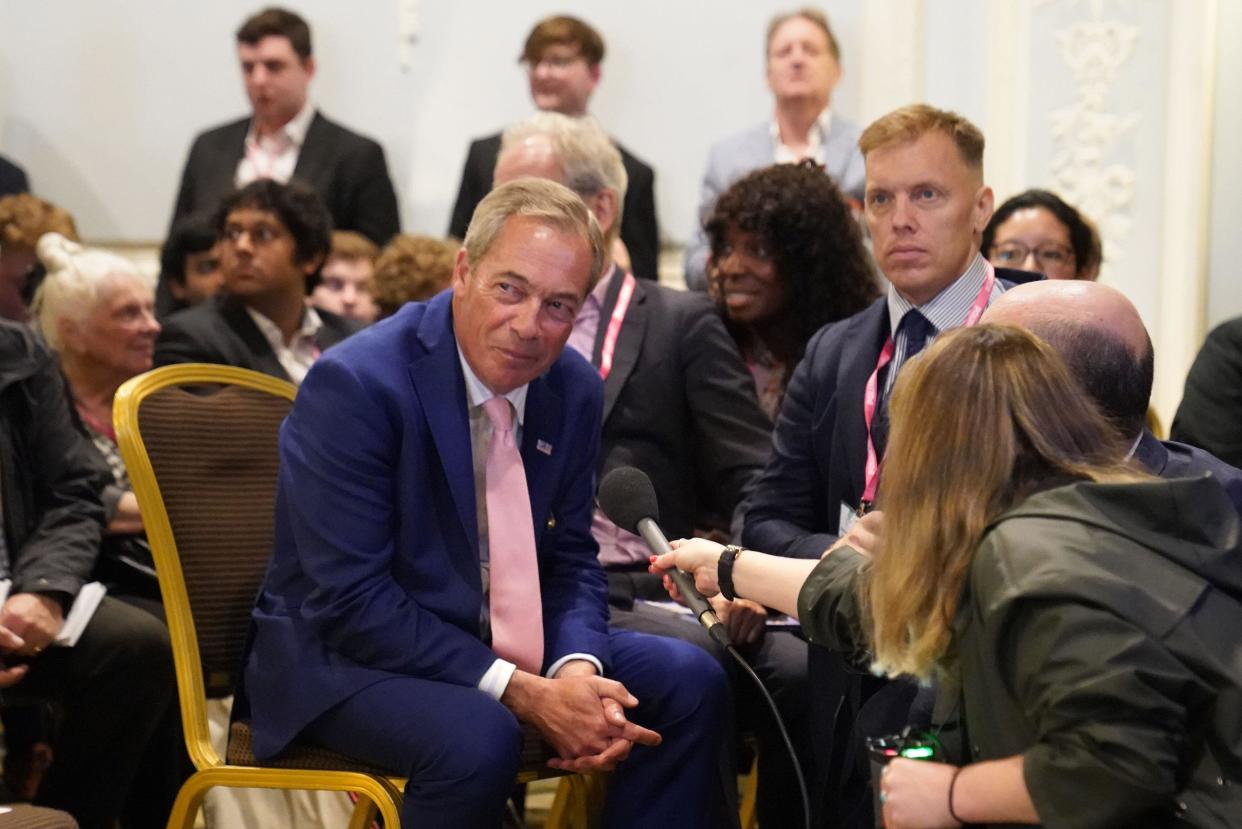 Nigel Farage being interviewed during the Conservative Party annual conference at the Manchester Central convention complex. Picture date: Monday October 2, 2023.