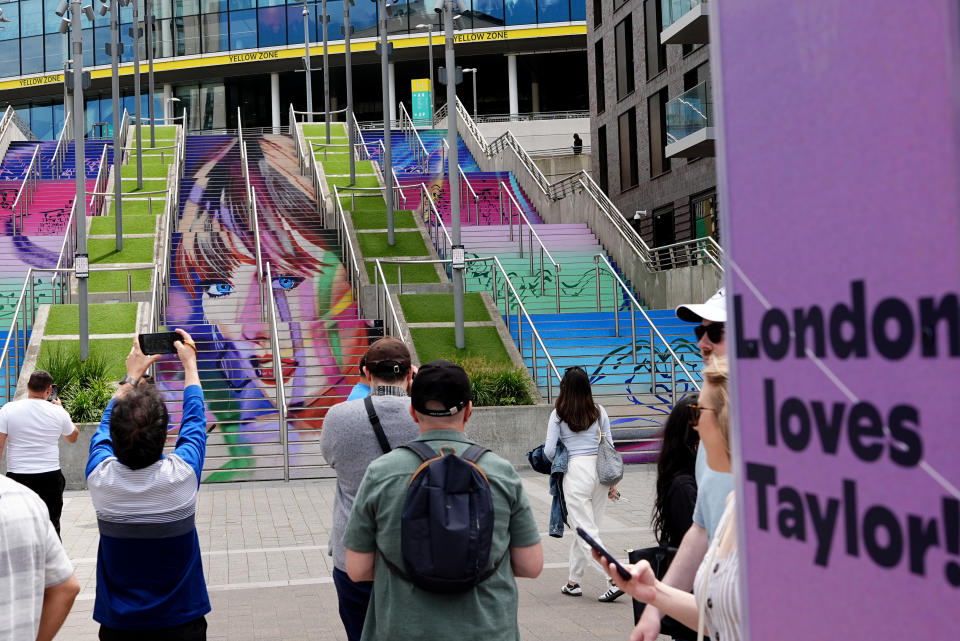 A mural of Taylor Swift on the Spanish Steps outside Wembley Stadium in London. (Getty)