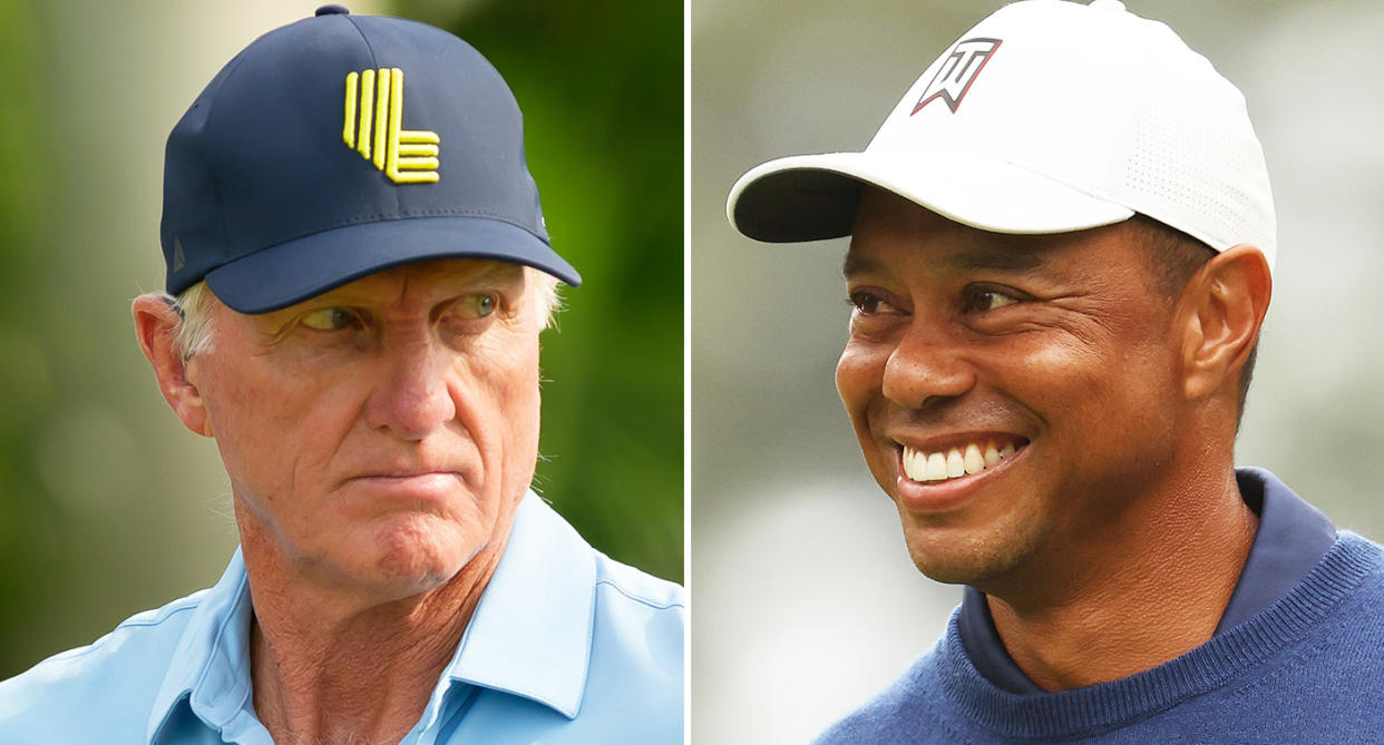 Pictured left Greg Norman and right Tiger Woods