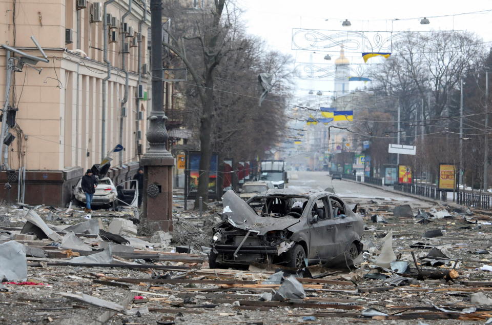 A view shows the area near the regional administration building, which city officials said was hit by a missile attack, in central Kharkiv.